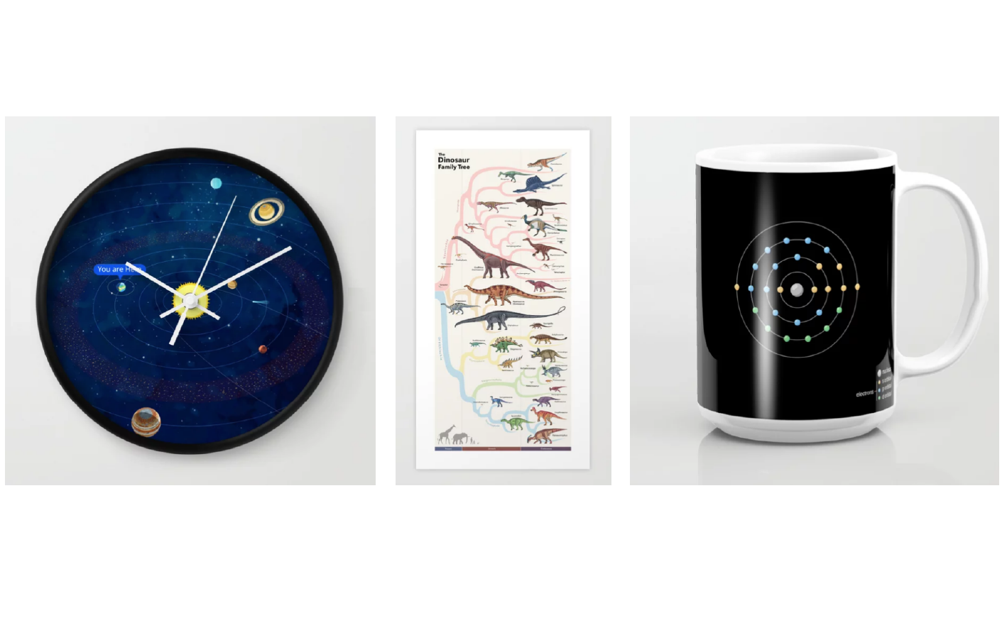 three items, a clock, a poster, and a mug, with blue coral learning illustrations