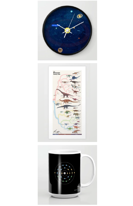 three items, a clock, a poster, and a mug, with blue coral learning illustrations